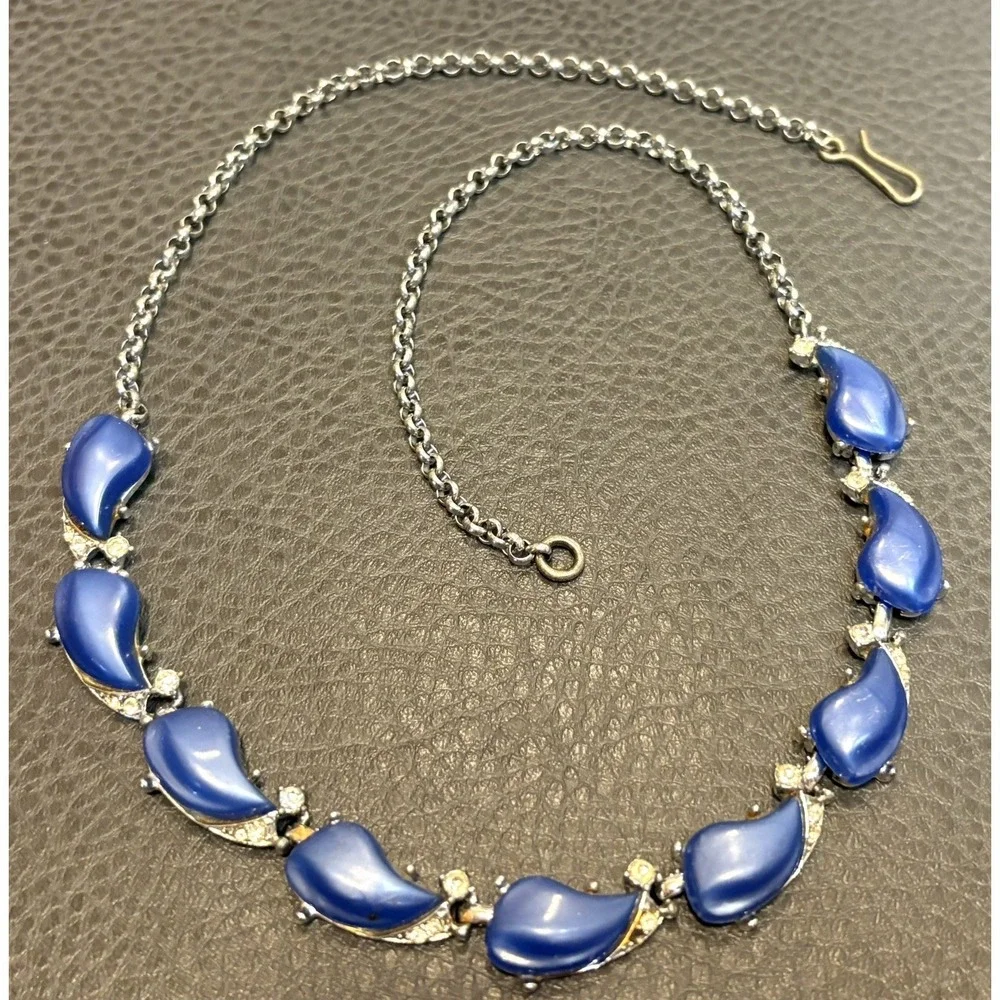Vintage 1950's Blue Lucite Moon Glow Necklace Silver Tone Rhinestone Adjustable